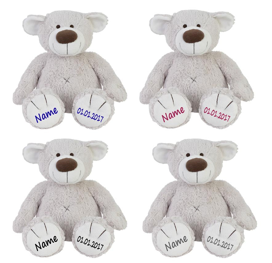 Stofftier Teddy Bär Geschenk mit Namen und Geburtsdatum personalisiert hellgrau