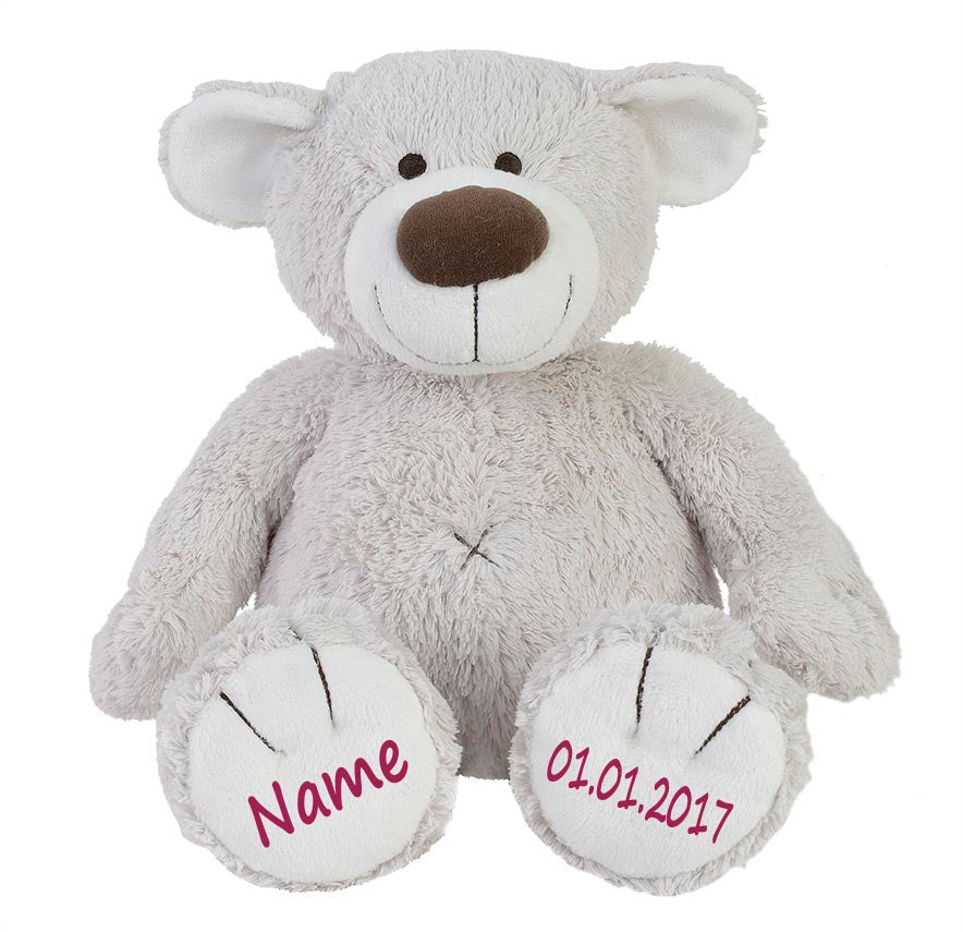Stofftier Teddy Bär Geschenk mit Namen und Geburtsdatum personalisiert hellgrau