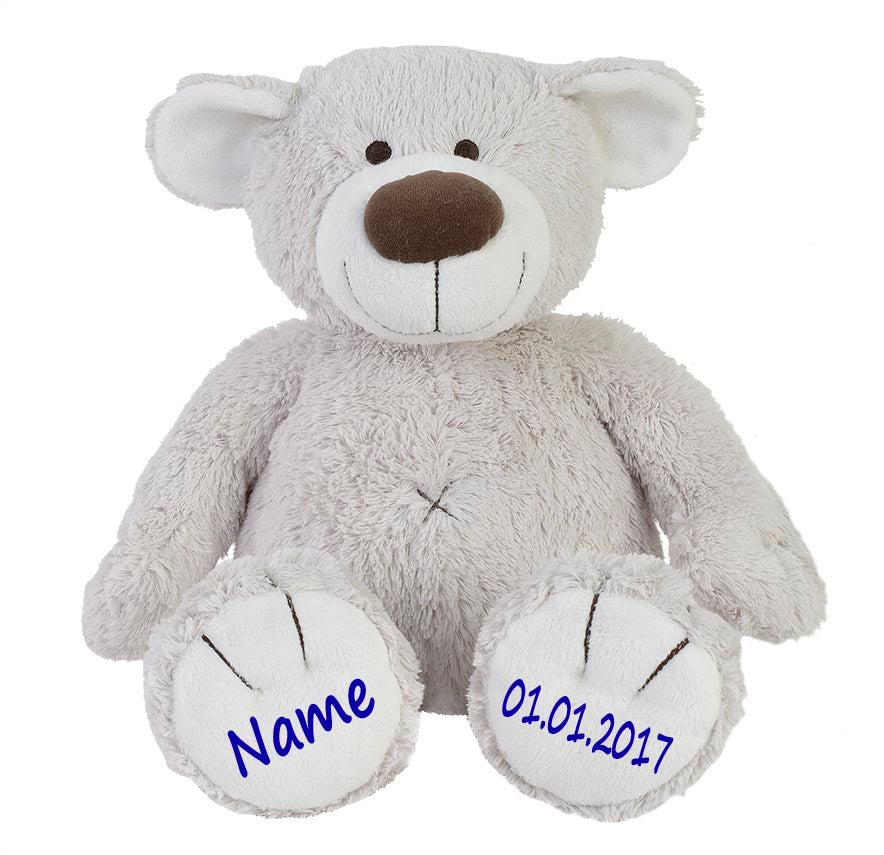 Stofftier Teddy Bär Geschenk mit Namen und Geburtsdatum personalisiert hellgrau