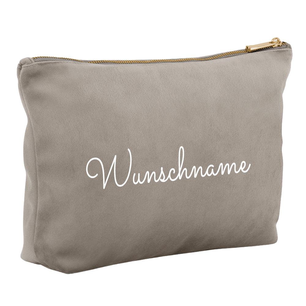 Kosmetiktasche aus Samt mit Name Bedruckt personalisierte Schminktasche für Handtasche Beautybag Accessoire Tasche greige