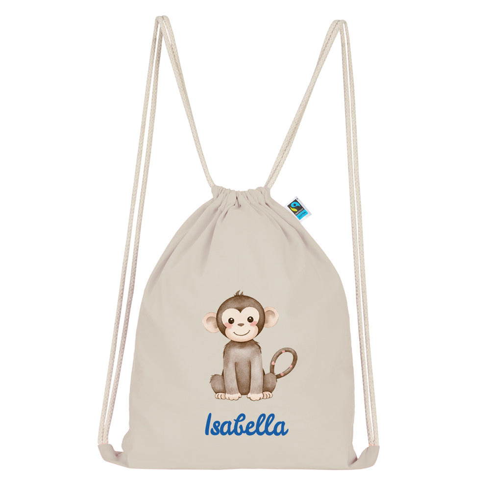 Personalisierter Turnbeutel aus Bio Baumwolle Wäschebeutel für Kinder Stoffbeutel mit Name und Motiv Affe bedruckt