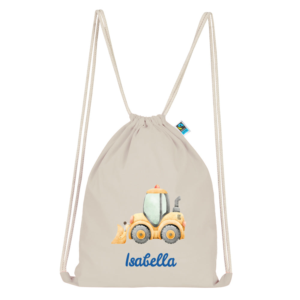 Personalisierter Turnbeutel aus Bio Baumwolle Wäschebeutel für Kinder Stoffbeutel mit Name und Motiv Bagger bedruckt