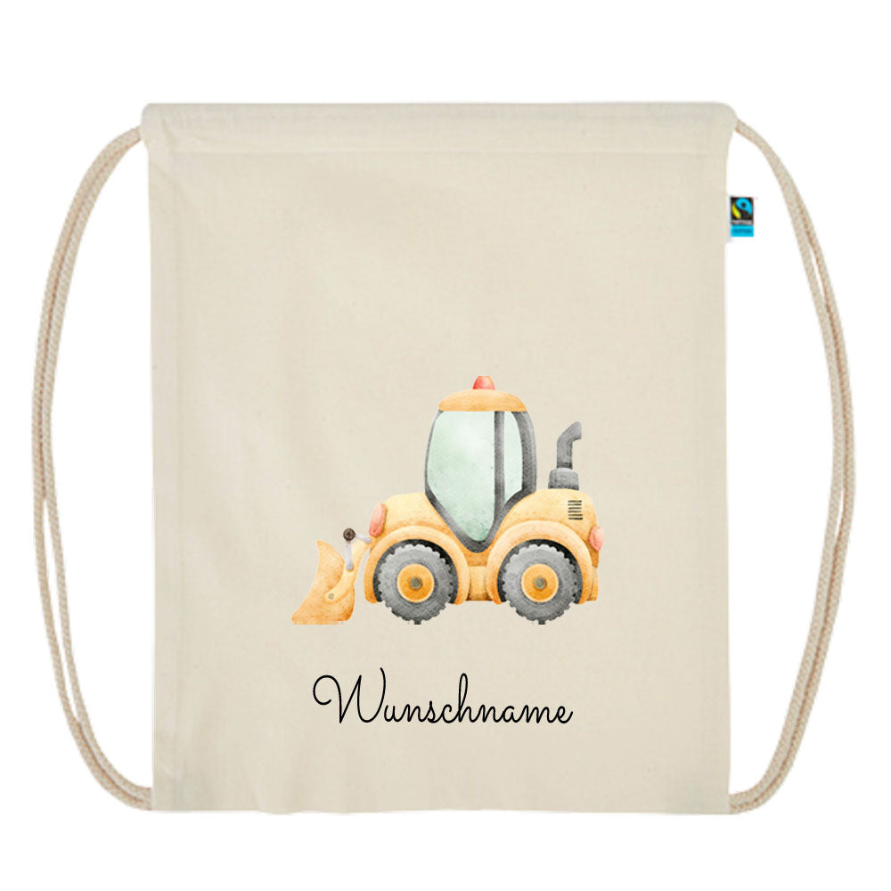 Personalisierter Turnbeutel aus Bio Baumwolle Wäschebeutel für Kinder Stoffbeutel mit Name und Motiv Bagger bedruckt