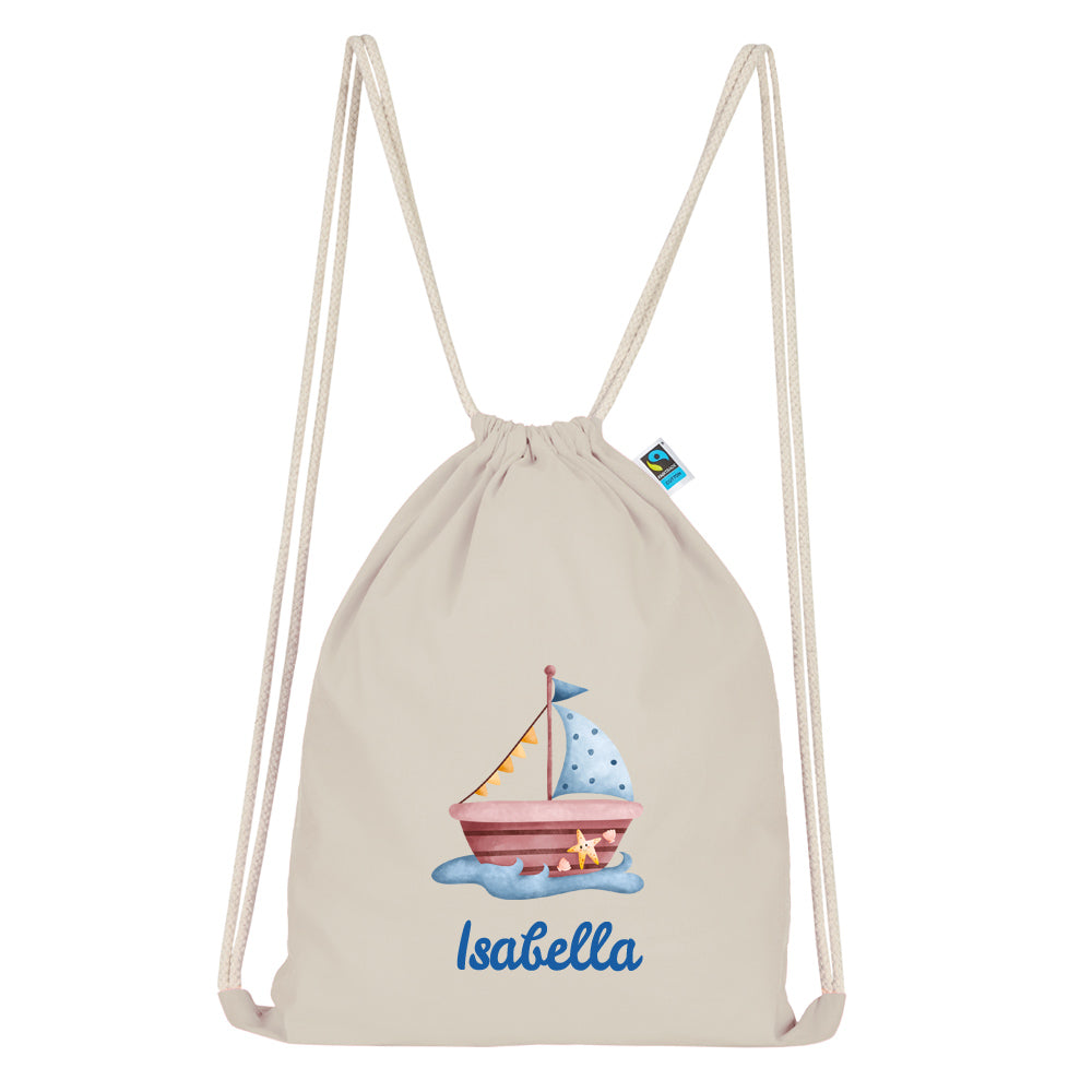Personalisierter Turnbeutel aus Bio Baumwolle Wäschebeutel für Kinder Stoffbeutel mit Name und Motiv Boot bedruckt