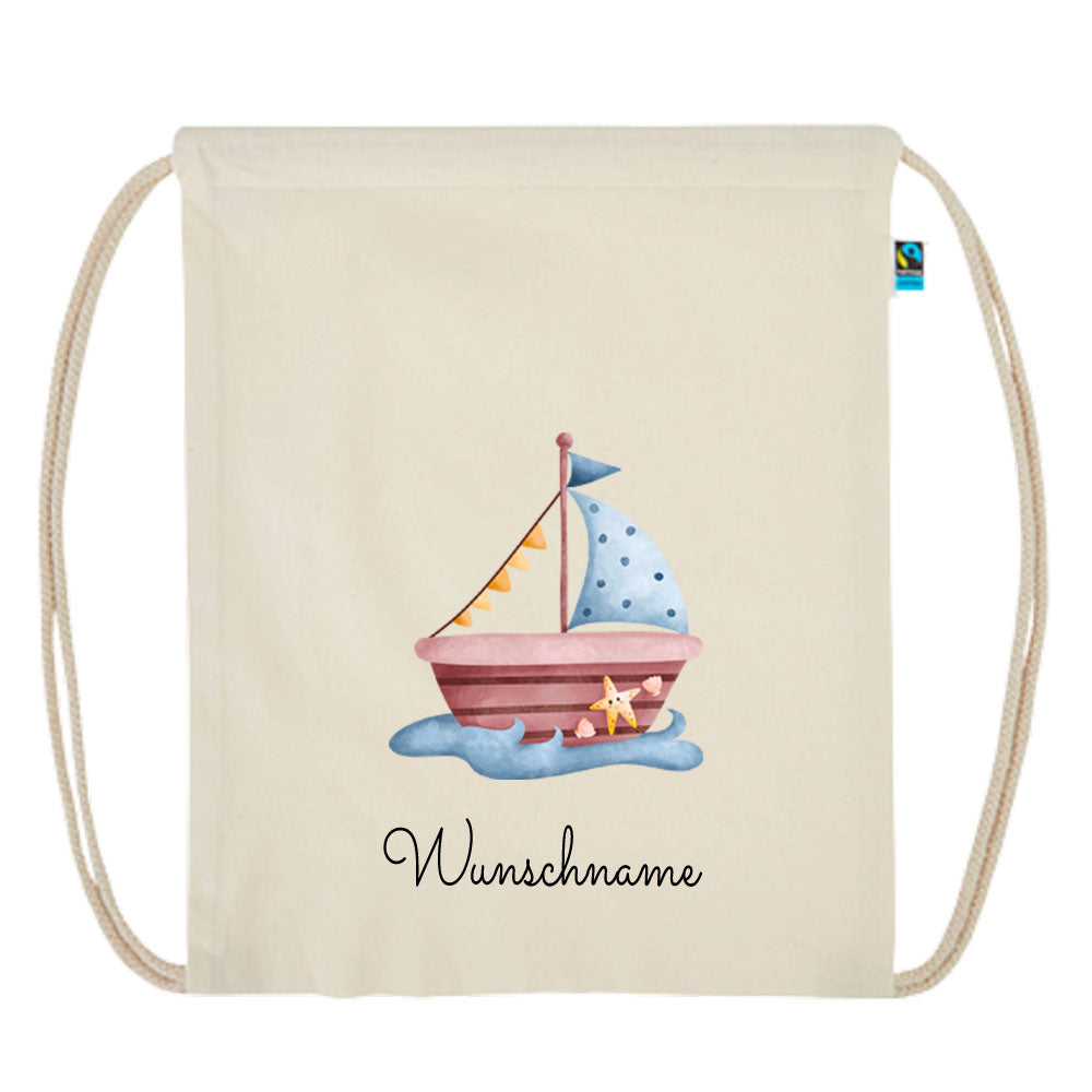 Personalisierter Turnbeutel aus Bio Baumwolle Wäschebeutel für Kinder Stoffbeutel mit Name und Motiv Boot bedruckt
