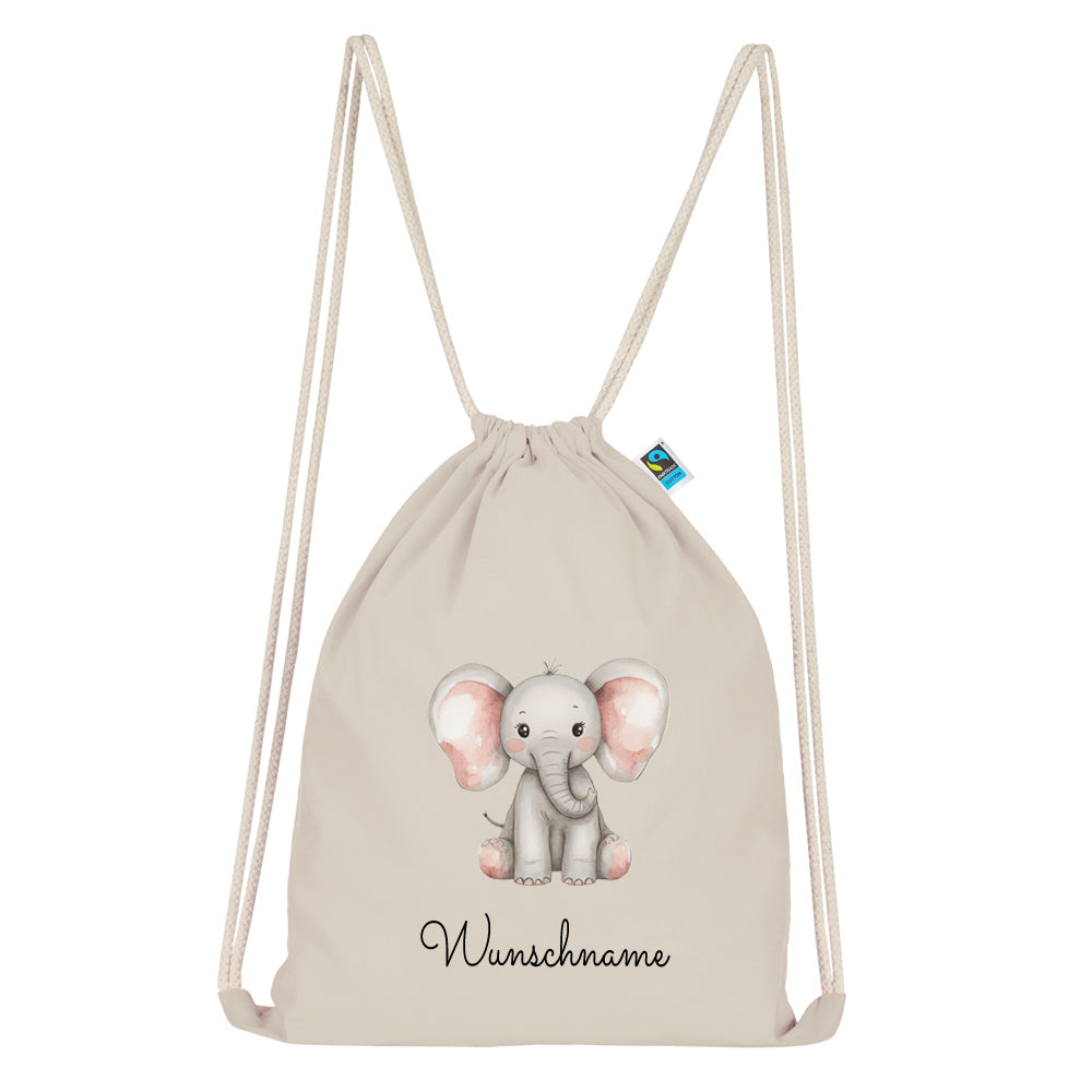 Personalisierter Turnbeutel aus Bio Baumwolle Wäschebeutel für Kinder Stoffbeutel mit Name und Motiv Elefant bedruckt