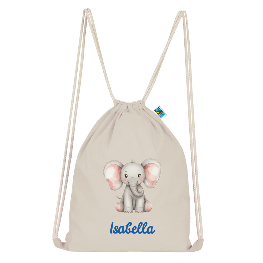 Personalisierter Turnbeutel aus Bio Baumwolle Wäschebeutel für Kinder Stoffbeutel mit Name und Motiv Elefant bedruckt