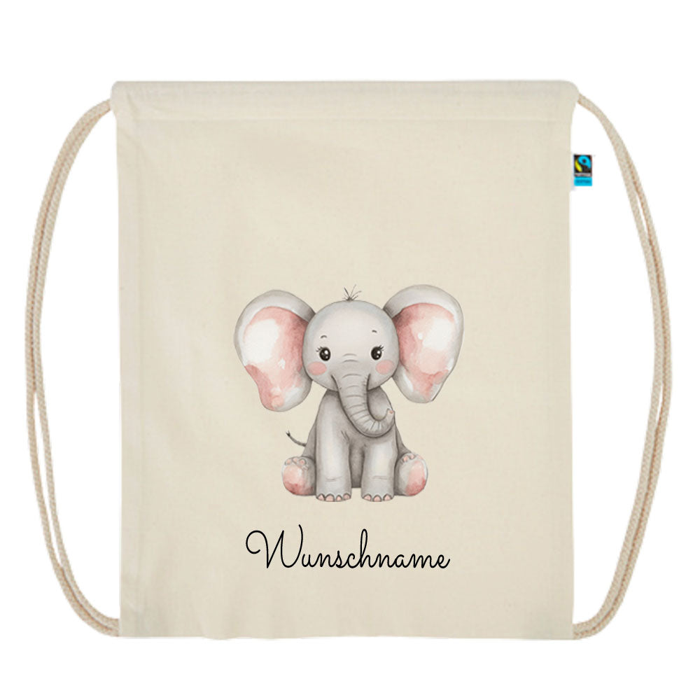 Personalisierter Turnbeutel aus Bio Baumwolle Wäschebeutel für Kinder Stoffbeutel mit Name und Motiv Elefant bedruckt