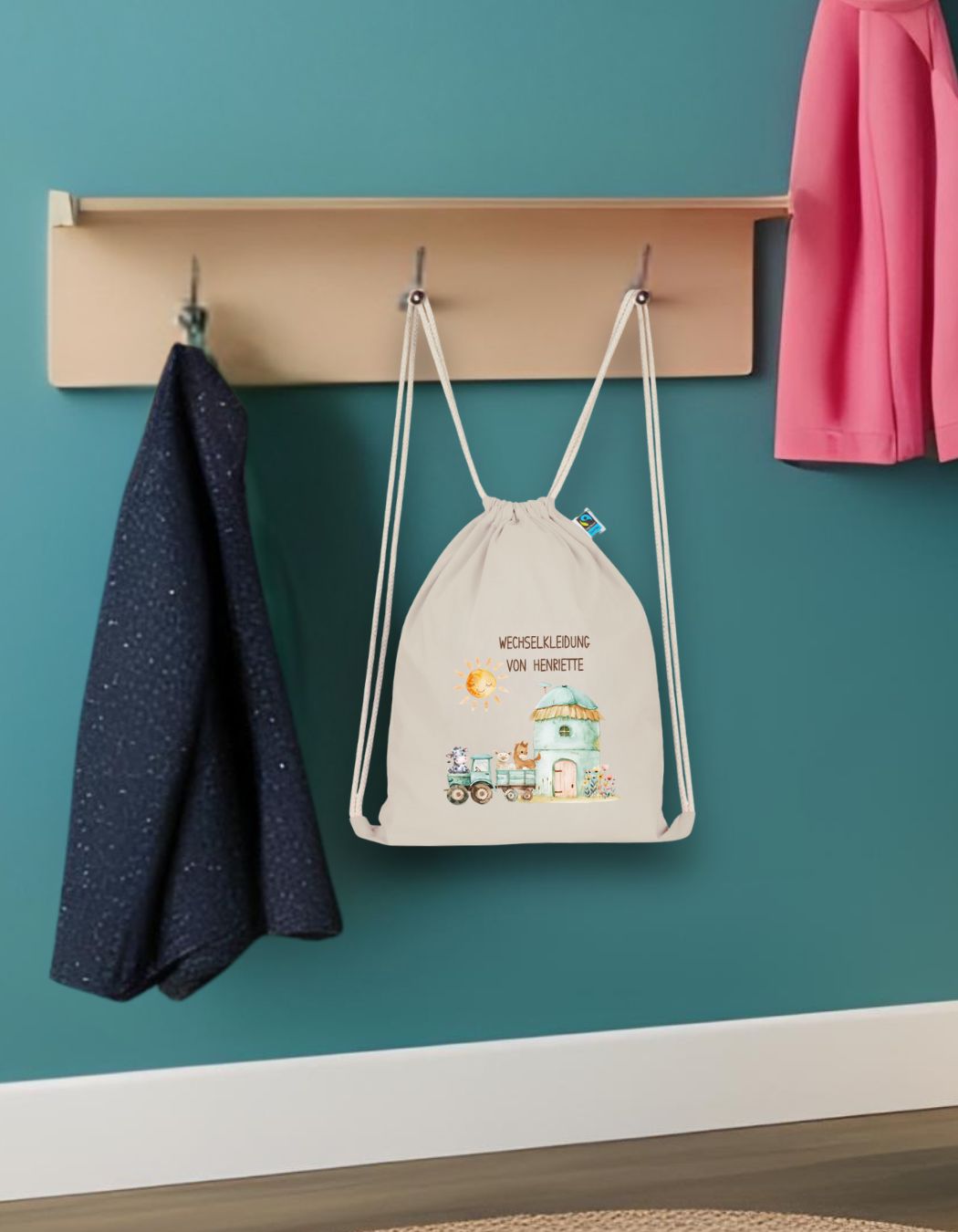 Personalisierter Turnbeutel aus Bio Baumwolle Wäschebeutel für Kinder Stoffbeutel mit Name und Motiv Bauernhof bedruckt