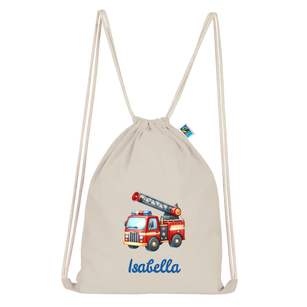 Personalisierter Turnbeutel aus Bio Baumwolle Wäschebeutel für Kinder Stoffbeutel mit Name und Motiv Feuerwehr bedruckt