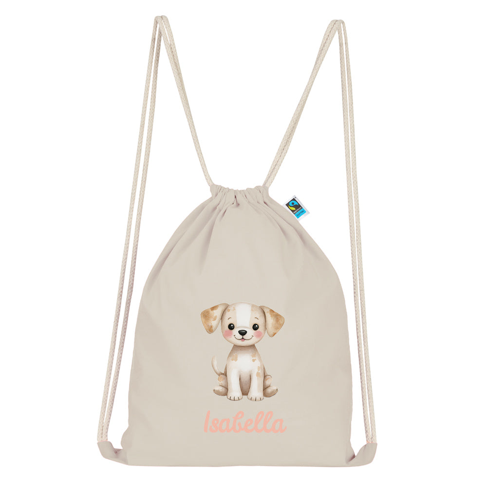 Personalisierter Turnbeutel aus Bio Baumwolle Wäschebeutel für Kinder Stoffbeutel mit Name und Motiv Hund bedruckt