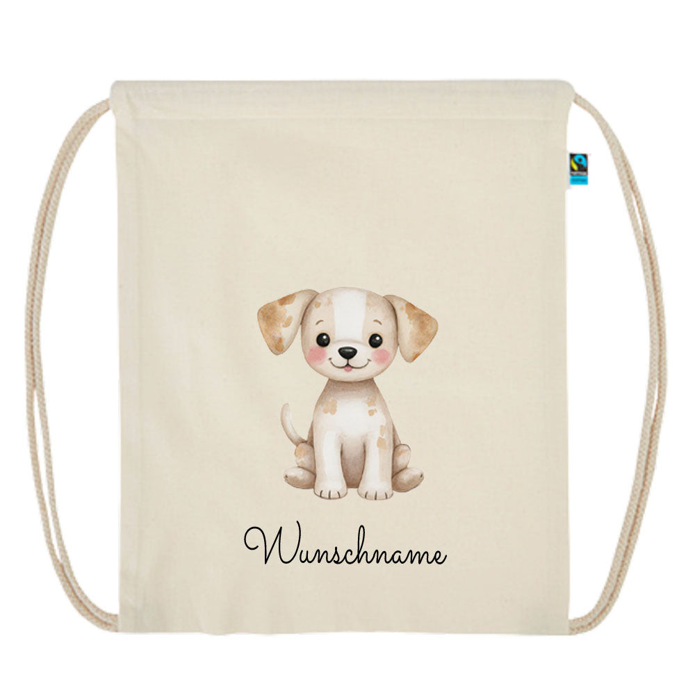 Personalisierter Turnbeutel aus Bio Baumwolle Wäschebeutel für Kinder Stoffbeutel mit Name und Motiv Hund bedruckt