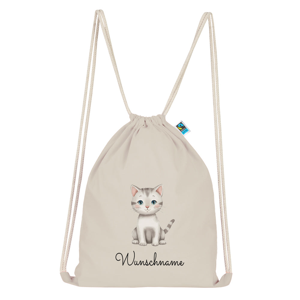 Personalisierter Turnbeutel aus Bio Baumwolle Wäschebeutel für Kinder Stoffbeutel mit Name und Motiv Katze bedruckt