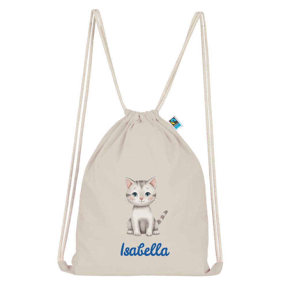 Personalisierter Turnbeutel aus Bio Baumwolle Wäschebeutel für Kinder Stoffbeutel mit Name und Motiv Katze bedruckt