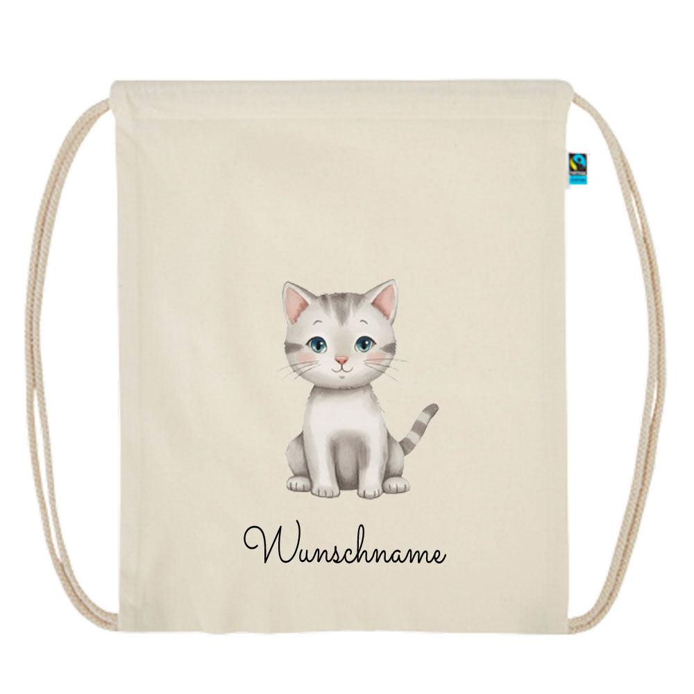 Personalisierter Turnbeutel aus Bio Baumwolle Wäschebeutel für Kinder Stoffbeutel mit Name und Motiv Katze bedruckt