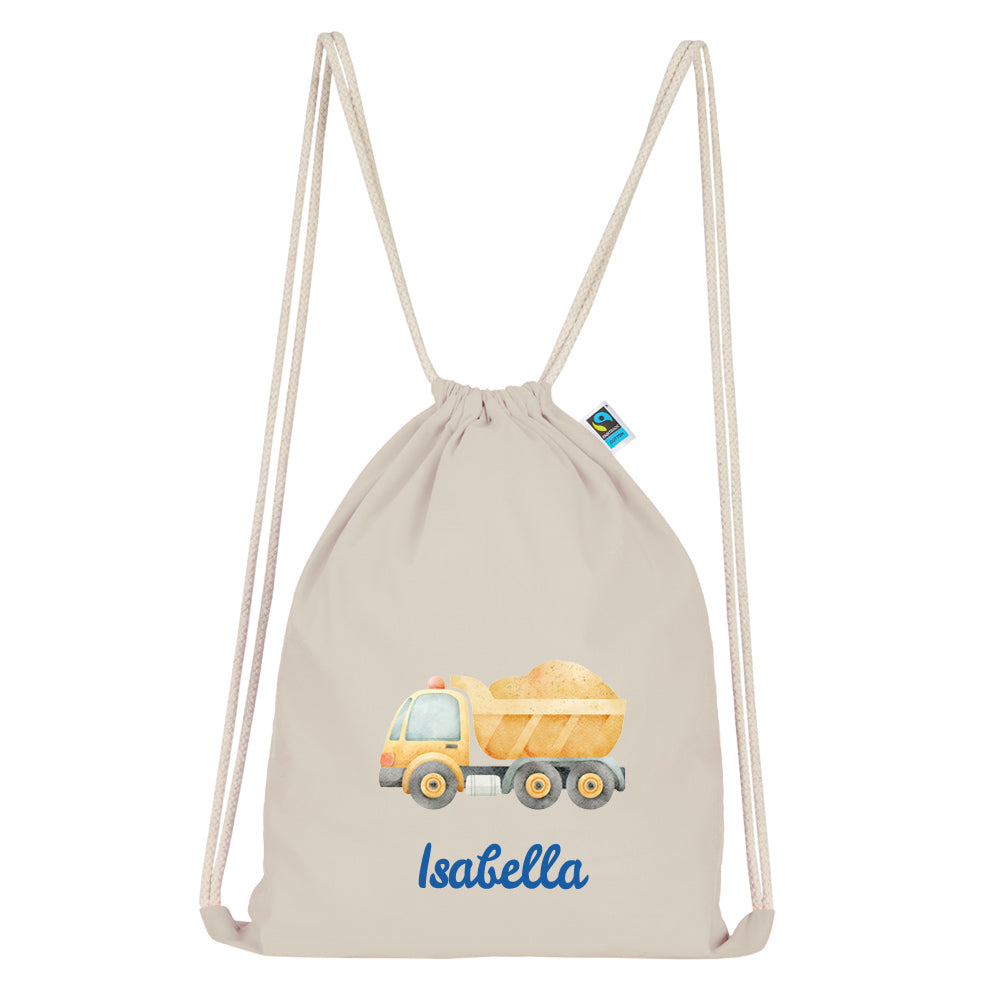 Personalisierter Turnbeutel aus Bio Baumwolle Wäschebeutel für Kinder Stoffbeutel mit Name und Motiv Kipplader bedruckt