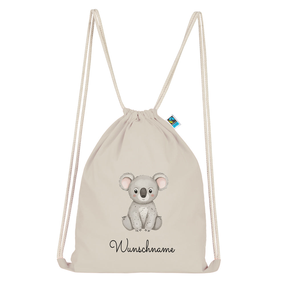 Personalisierter Turnbeutel aus Bio Baumwolle Wäschebeutel für Kinder Stoffbeutel mit Name und Motiv Koala bedruckt