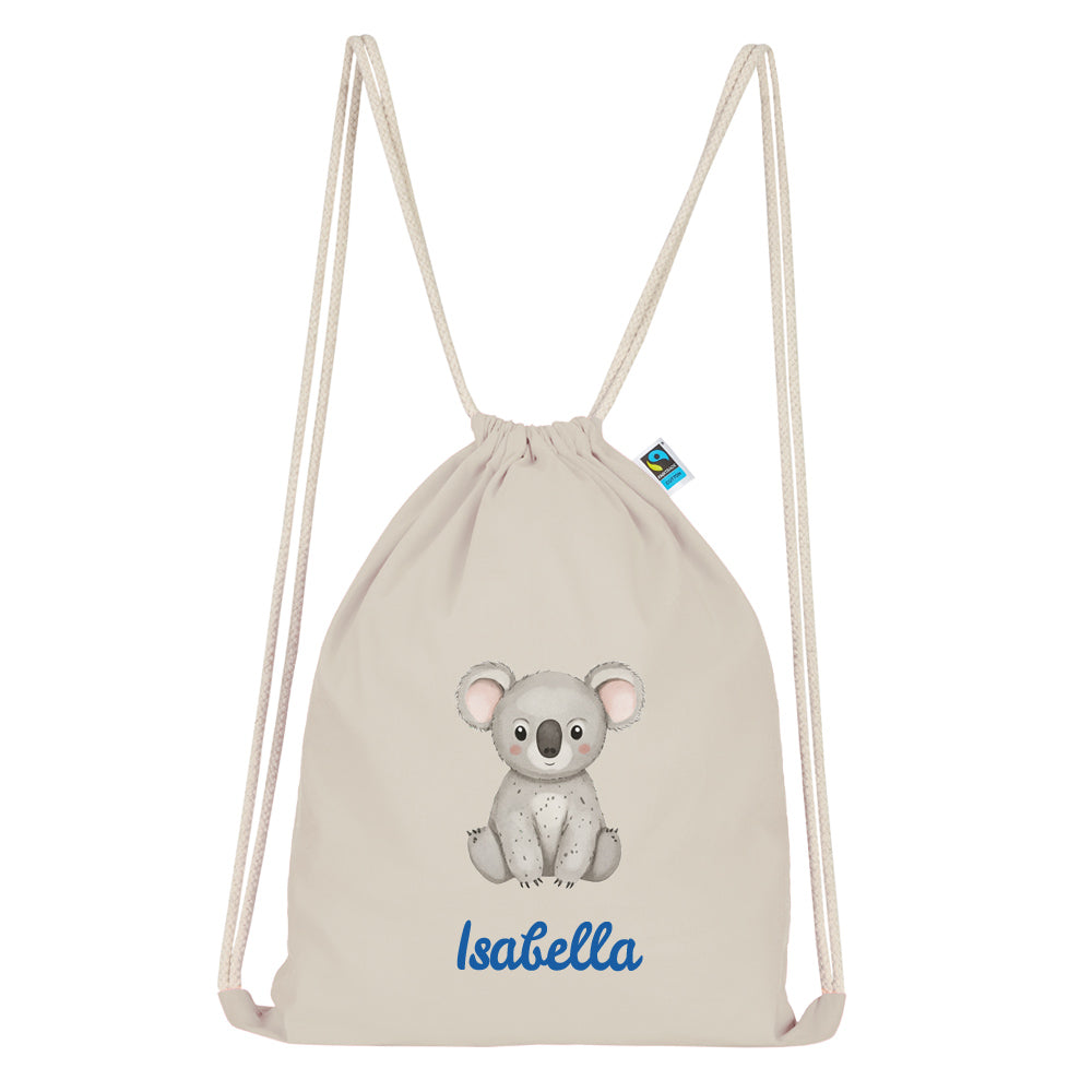 Personalisierter Turnbeutel aus Bio Baumwolle Wäschebeutel für Kinder Stoffbeutel mit Name und Motiv Koala bedruckt