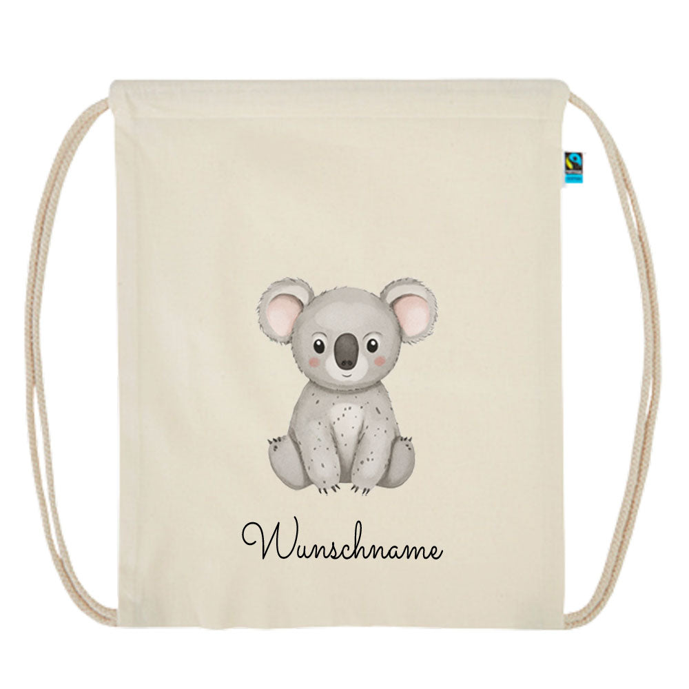 Personalisierter Turnbeutel aus Bio Baumwolle Wäschebeutel für Kinder Stoffbeutel mit Name und Motiv Koala bedruckt