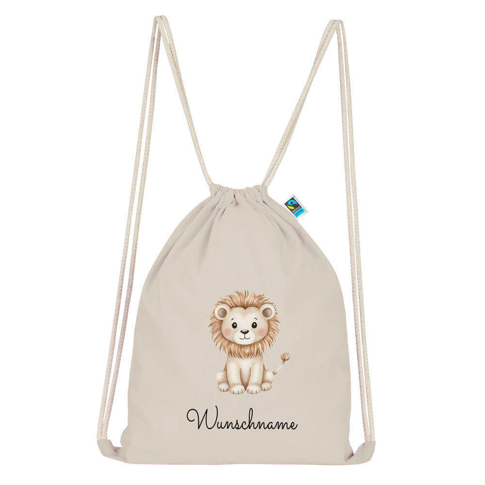 Personalisierter Turnbeutel aus Bio Baumwolle Wäschebeutel für Kinder Stoffbeutel mit Name und Motiv Löwe bedruckt