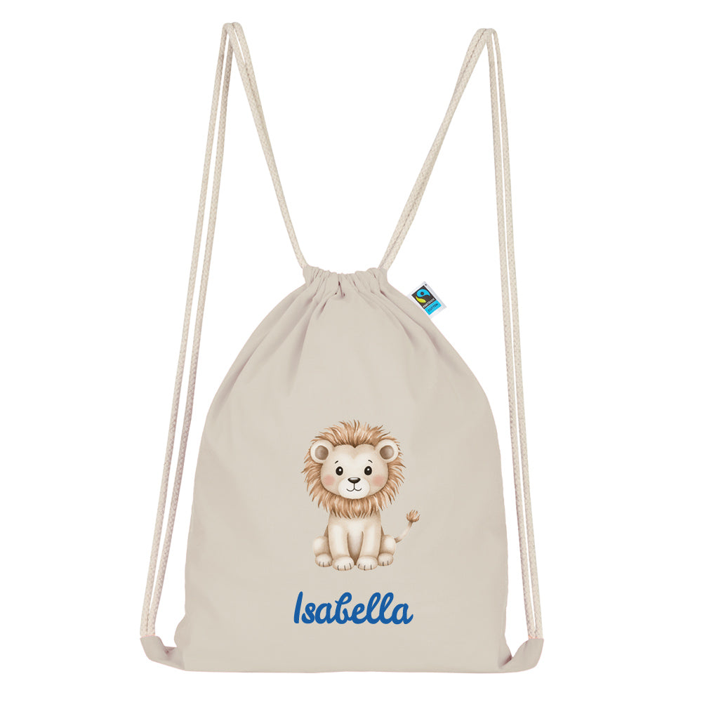 Personalisierter Turnbeutel aus Bio Baumwolle Wäschebeutel für Kinder Stoffbeutel mit Name und Motiv Löwe bedruckt