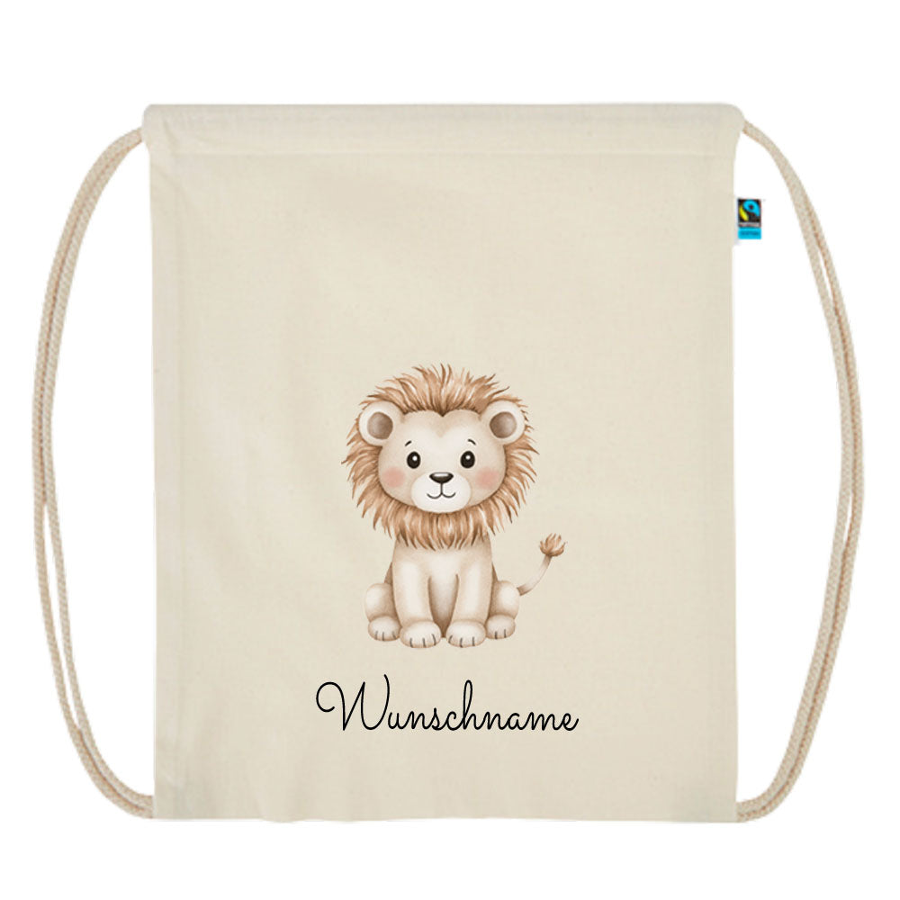Personalisierter Turnbeutel aus Bio Baumwolle Wäschebeutel für Kinder Stoffbeutel mit Name und Motiv Löwe bedruckt