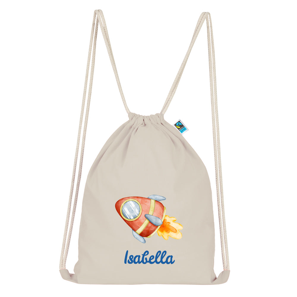 Personalisierter Turnbeutel aus Bio Baumwolle Wäschebeutel für Kinder Stoffbeutel mit Name und Motiv Rakete bedruckt