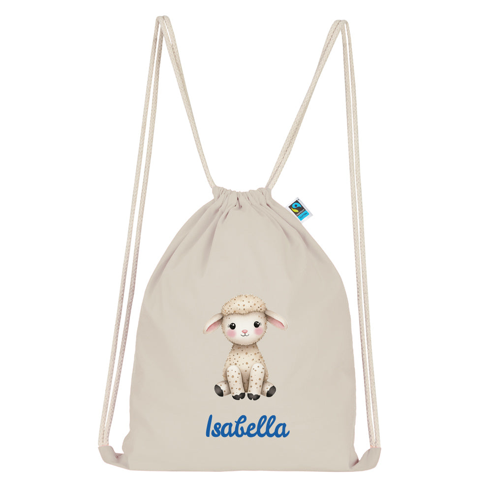 Personalisierter Turnbeutel aus Bio Baumwolle Wäschebeutel für Kinder Stoffbeutel mit Name und Motiv Schaf bedruckt