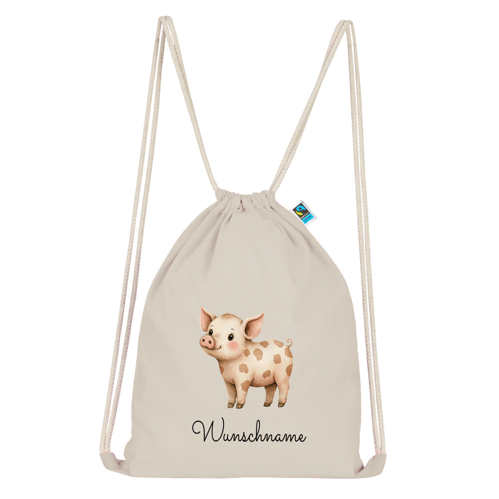 Personalisierter Turnbeutel aus Bio Baumwolle Wäschebeutel für Kinder Stoffbeutel mit Name und Motiv Schwein bedruckt