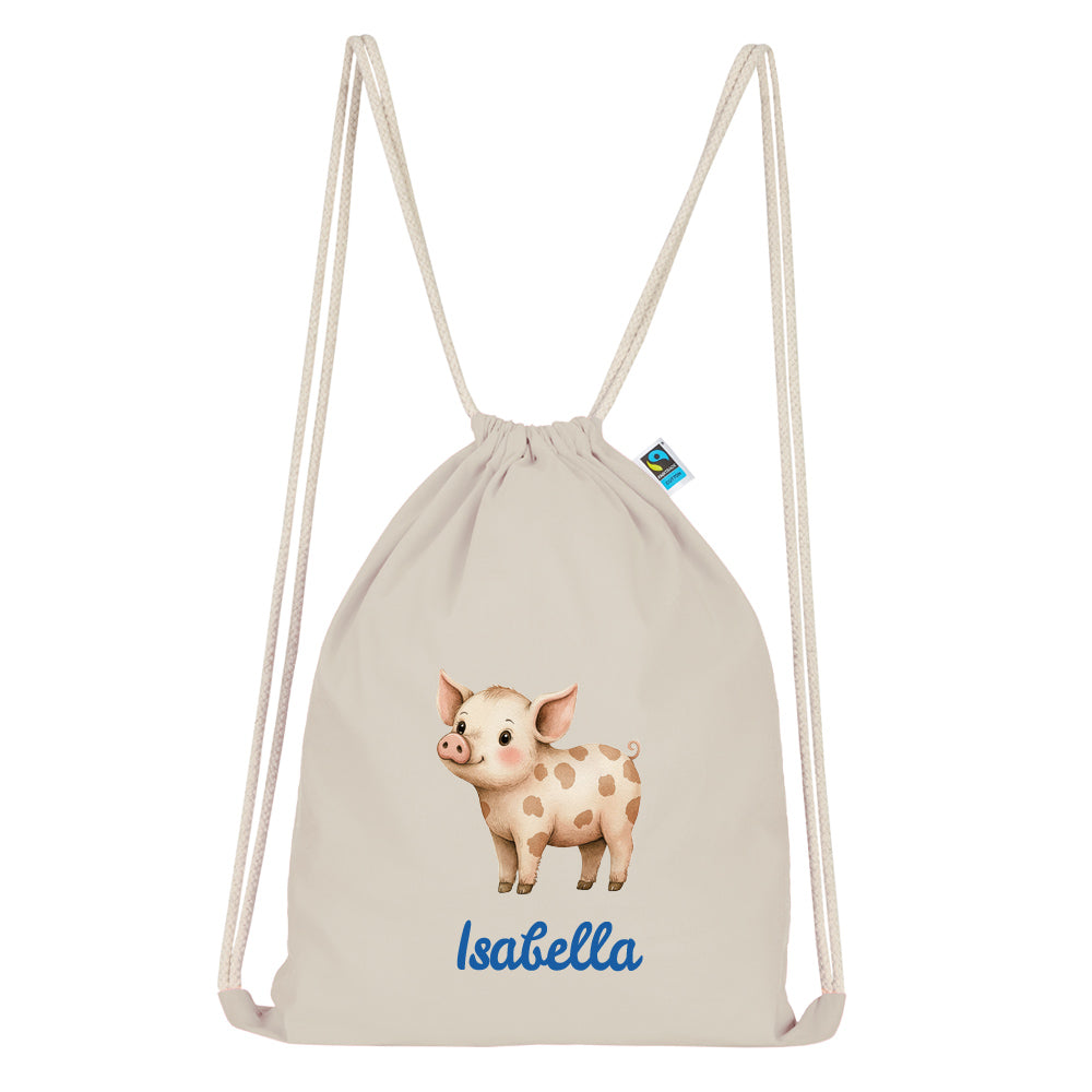 Personalisierter Turnbeutel aus Bio Baumwolle Wäschebeutel für Kinder Stoffbeutel mit Name und Motiv Schwein bedruckt