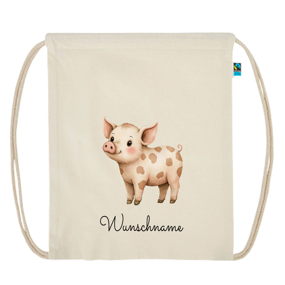 Personalisierter Turnbeutel aus Bio Baumwolle Wäschebeutel für Kinder Stoffbeutel mit Name und Motiv Schwein bedruckt