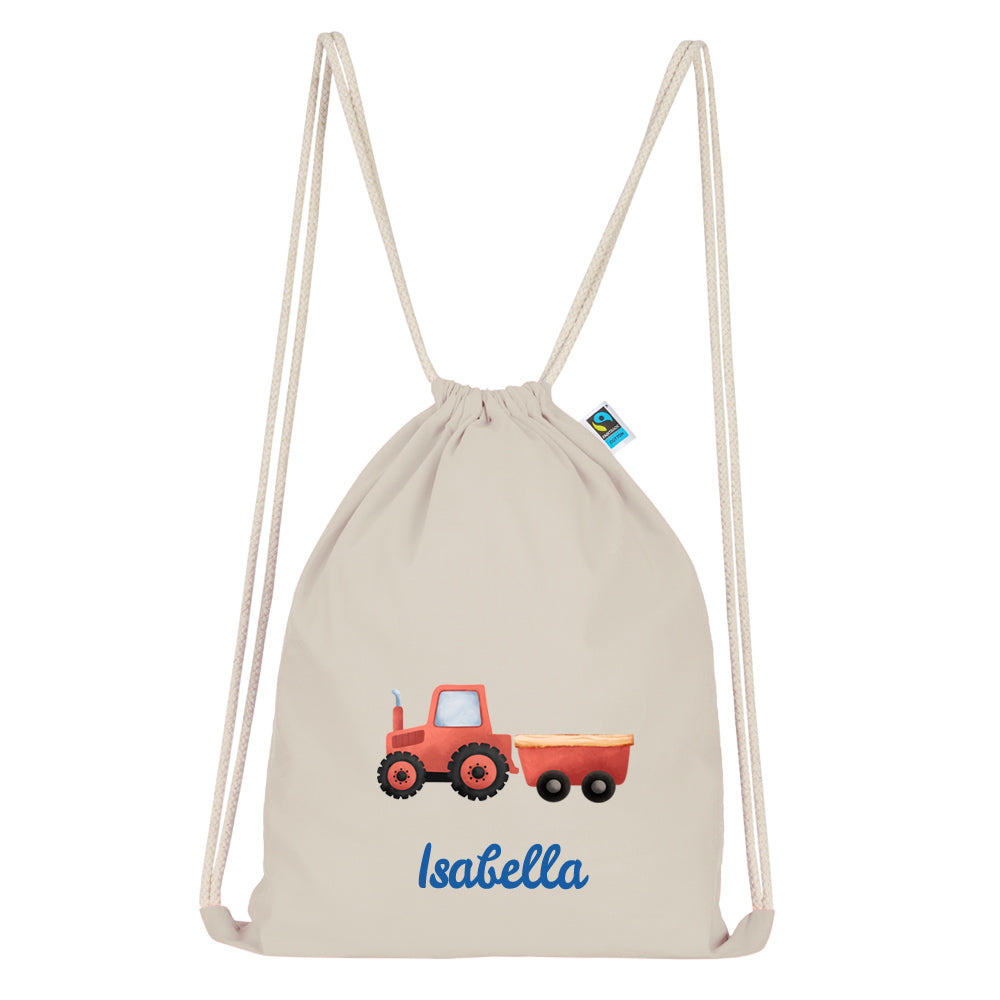 Personalisierter Turnbeutel aus Bio Baumwolle Wäschebeutel für Kinder Stoffbeutel mit Name und Motiv Trecker bedruckt
