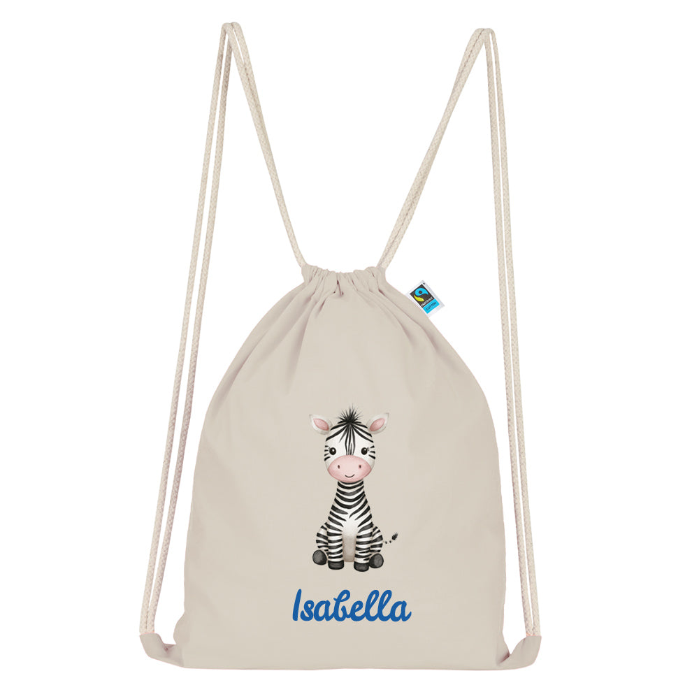 Personalisierter Turnbeutel aus Bio Baumwolle Wäschebeutel für Kinder Stoffbeutel mit Name und Motiv Zebra bedruckt