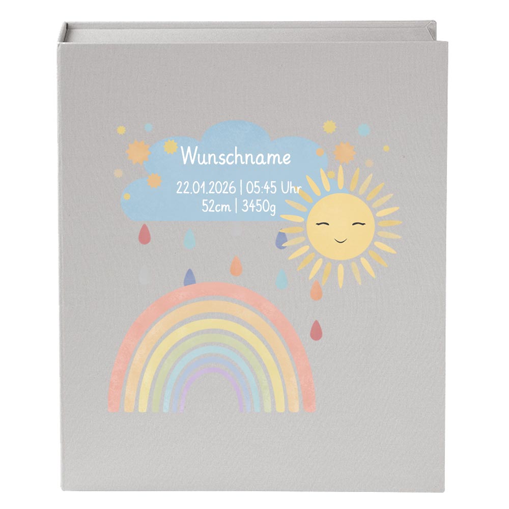 Personalisierte Baby Erinnerungsbox, Regenbogen mit Sonne, 33x24cm, Geburtsgeschenk mit Name und Geburtsdaten