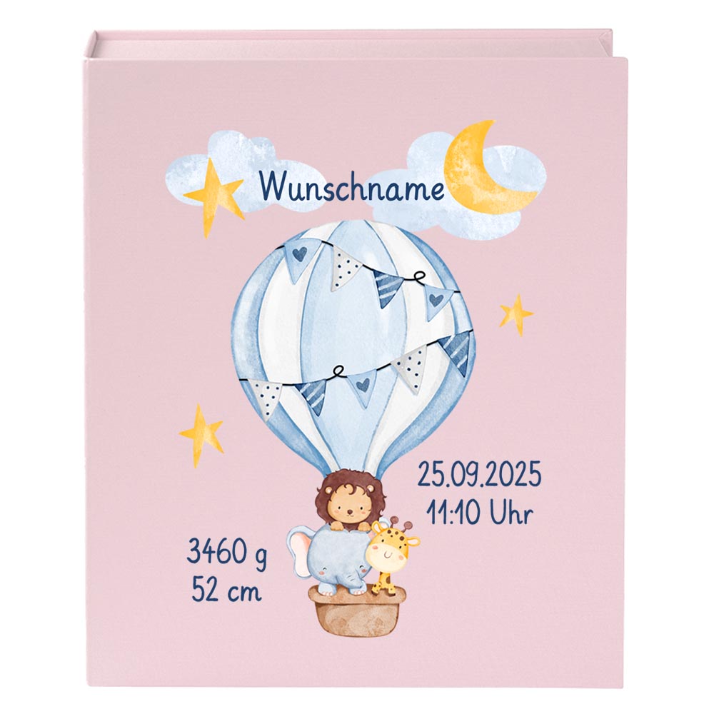 Personalisierte Baby Erinnerungsbox, Heißluftballon Design mit Löwe, 33x24cm, Geburtsgeschenk mit Name und Geburtsdaten Ballon