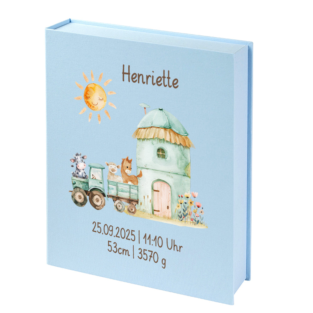 Personalisierte Baby Erinnerungsbox, Bauernhof Design mit Traktor, 33x24cm, Geburtsgeschenk mit Name und Geburtsdaten