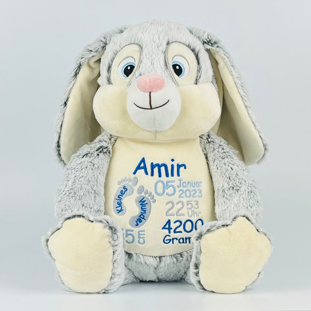 Personalisiertes Stofftier Hase Kuscheltier Bestickt Plüschtier zur Geburt Stickmotiv Füßchen