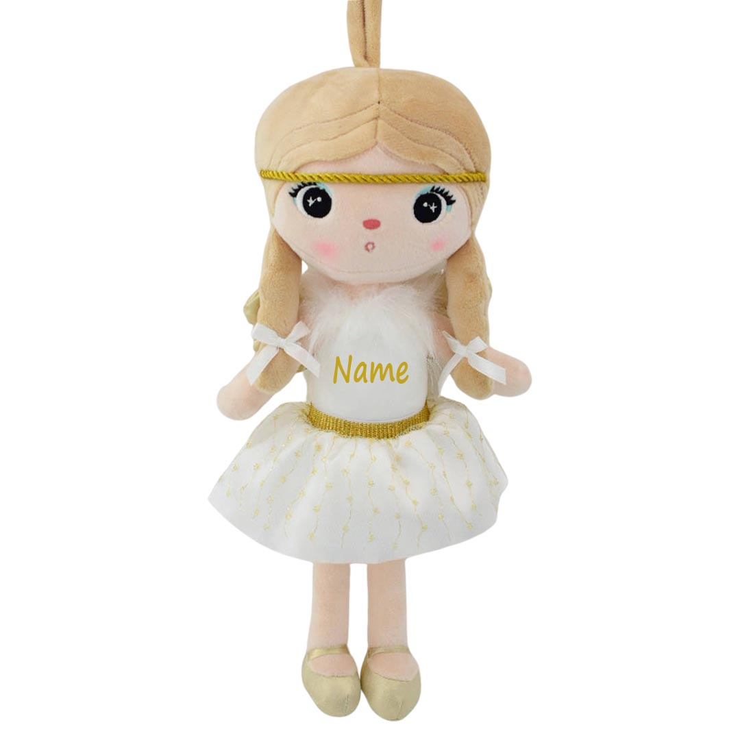 Personalisierte Stoffpuppe Engel mit Flügeln mit Name Bedruckt Kuschelpuppe mit gesticktem Gesicht 30cm