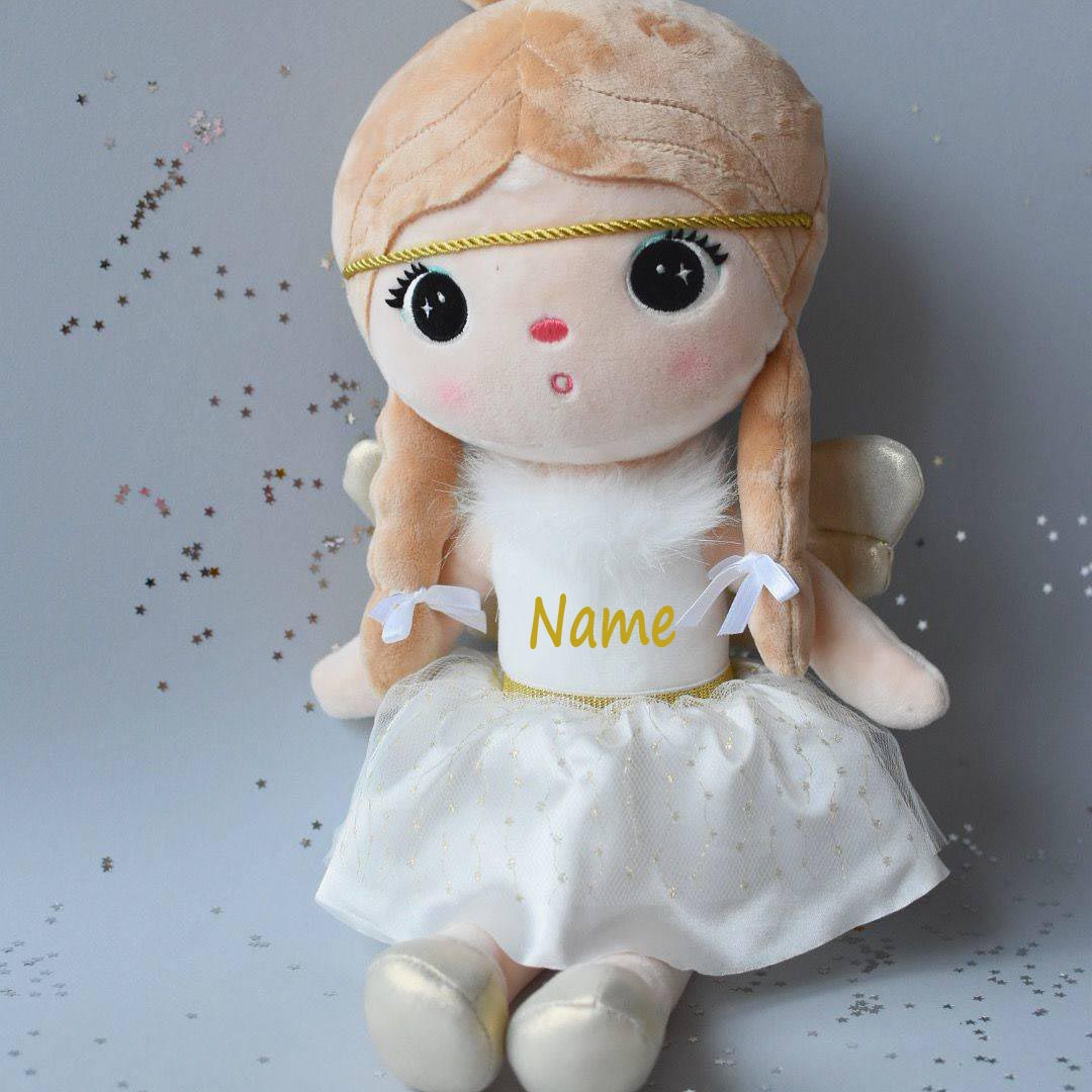 Personalisierte Stoffpuppe Engel mit Flügeln mit Name Bedruckt Kuschelpuppe mit gesticktem Gesicht 30cm