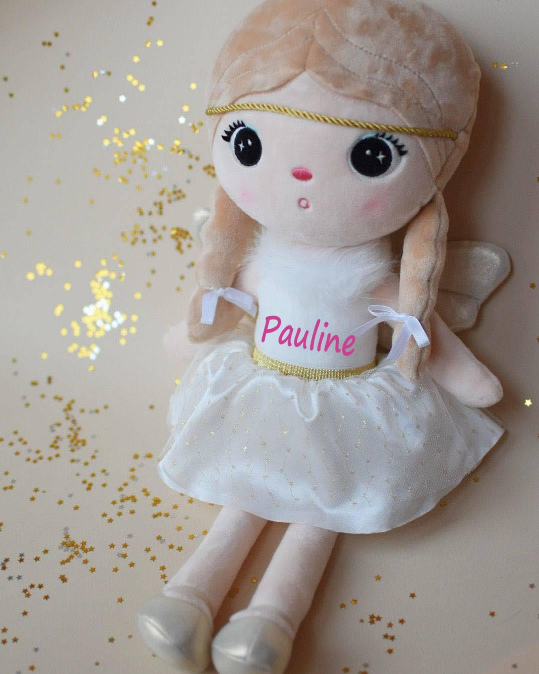 Personalisierte Stoffpuppe Engel mit Flügeln mit Name Bedruckt Kuschelpuppe mit gesticktem Gesicht 30cm