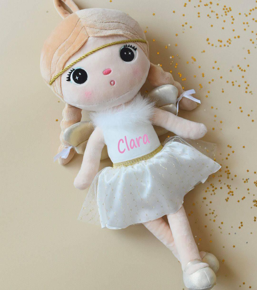 Personalisierte Stoffpuppe Engel mit Flügeln mit Name Bedruckt Kuschelpuppe mit gesticktem Gesicht 30cm