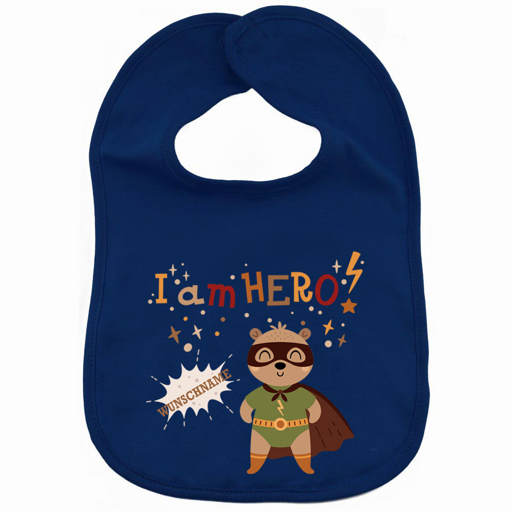 Personalisiertes Lätzchen aus 100% Baumwolle Babylätzchen doppellagiger weicher Stoff 38cm lang Motiv Hero Bär