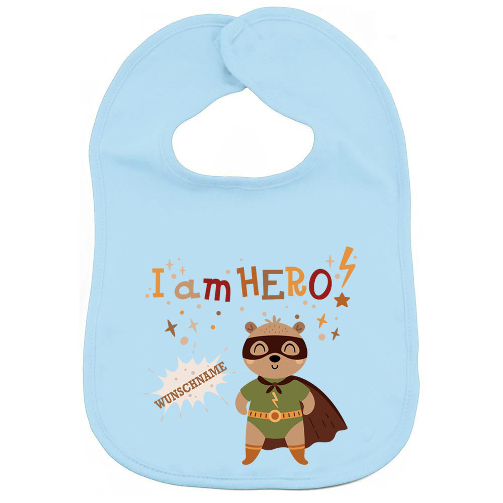 Personalisiertes Lätzchen aus 100% Baumwolle Babylätzchen doppellagiger weicher Stoff 38cm lang Motiv Hero Bär