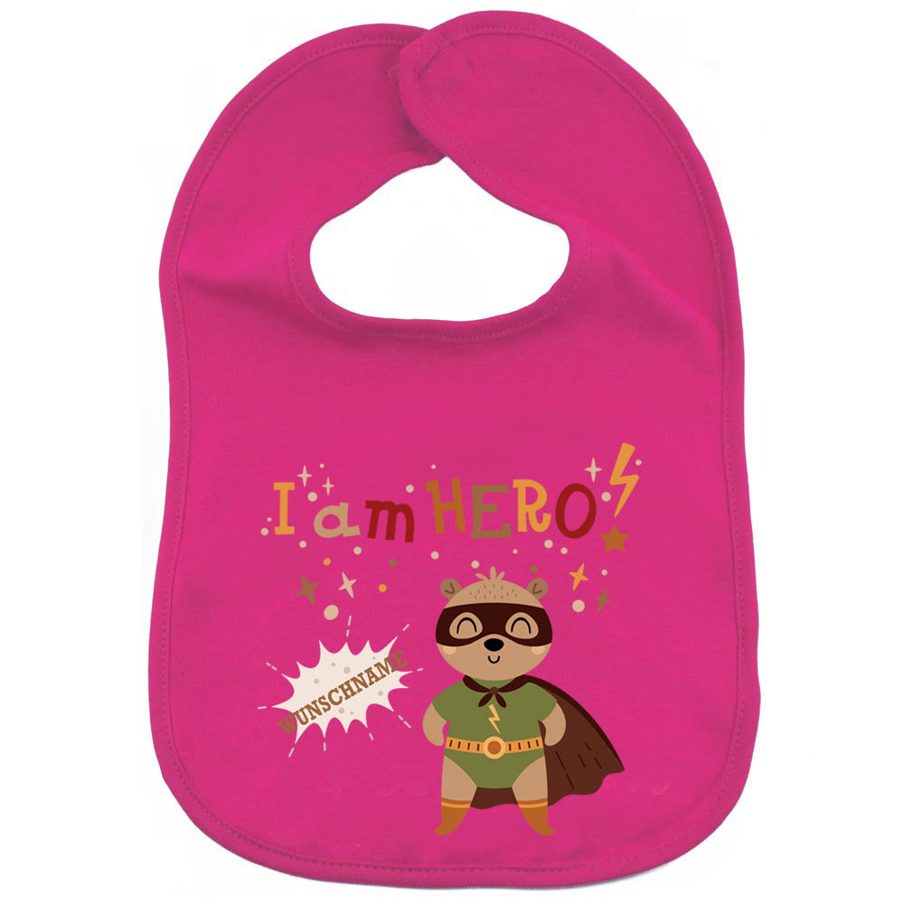 Personalisiertes Lätzchen aus 100% Baumwolle Babylätzchen doppellagiger weicher Stoff 38cm lang Motiv Hero Bär