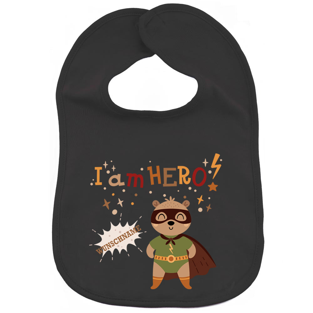 Personalisiertes Lätzchen aus 100% Baumwolle Babylätzchen doppellagiger weicher Stoff 38cm lang Motiv Hero Bär