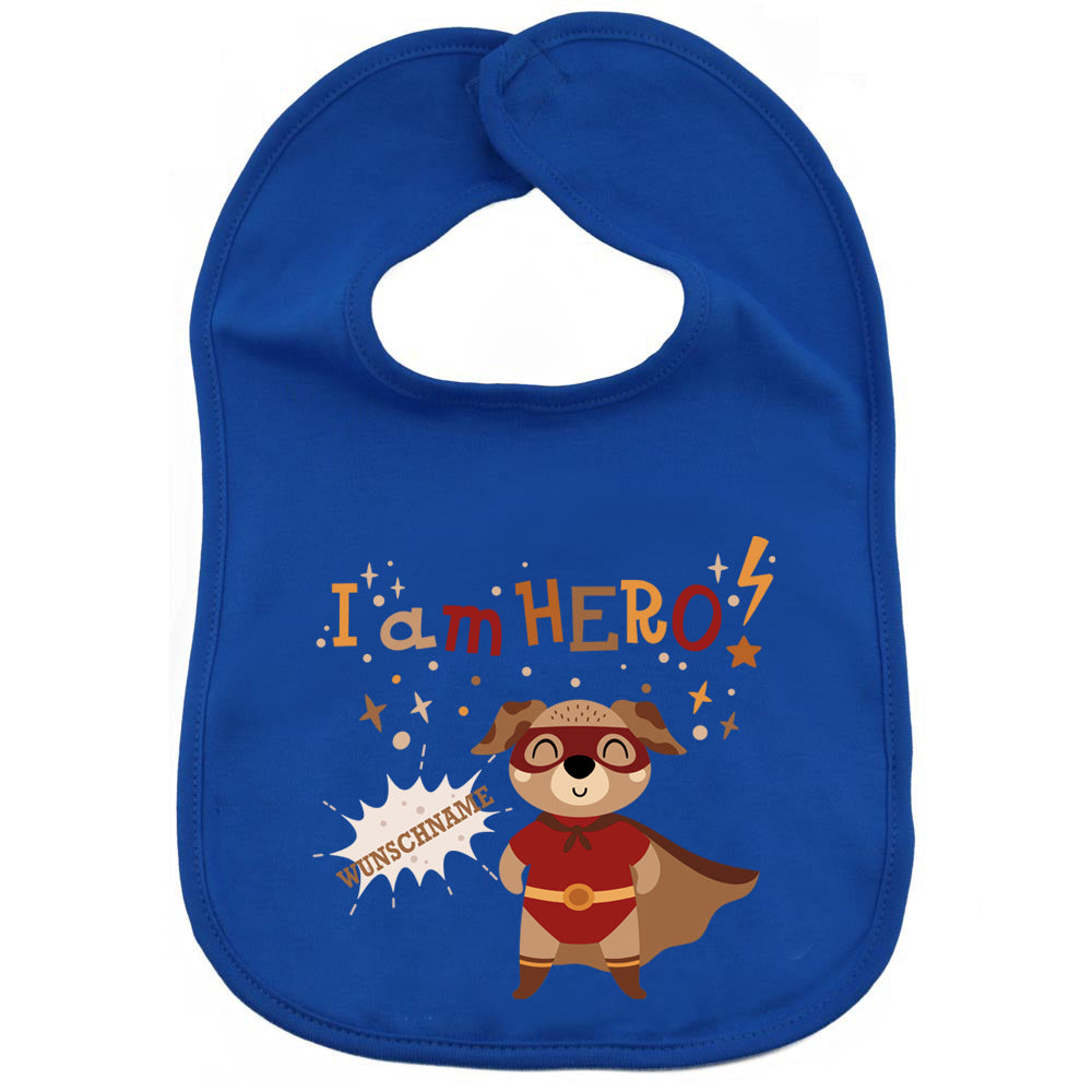 Personalisiertes Lätzchen aus 100% Baumwolle Babylätzchen doppellagiger weicher Stoff 38cm lang Motiv Hero Hund