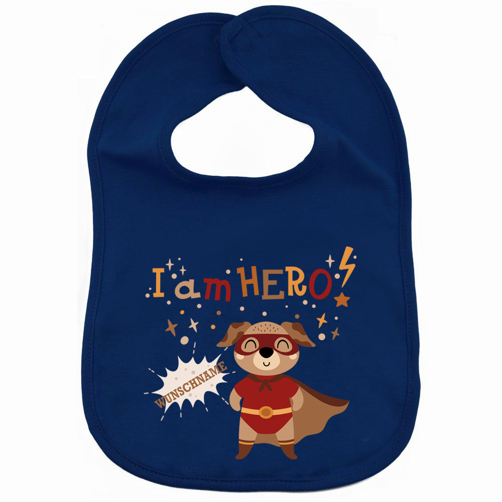 Personalisiertes Lätzchen aus 100% Baumwolle Babylätzchen doppellagiger weicher Stoff 38cm lang Motiv Hero Hund