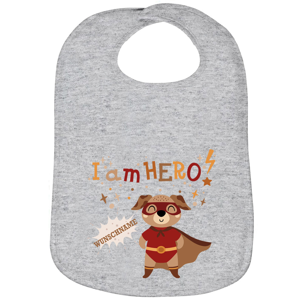 Personalisiertes Lätzchen aus 100% Baumwolle Babylätzchen doppellagiger weicher Stoff 38cm lang Motiv Hero Hund