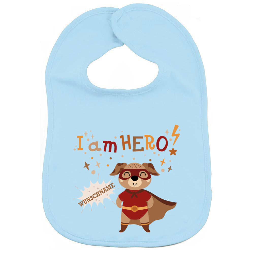 Personalisiertes Lätzchen aus 100% Baumwolle Babylätzchen doppellagiger weicher Stoff 38cm lang Motiv Hero Hund