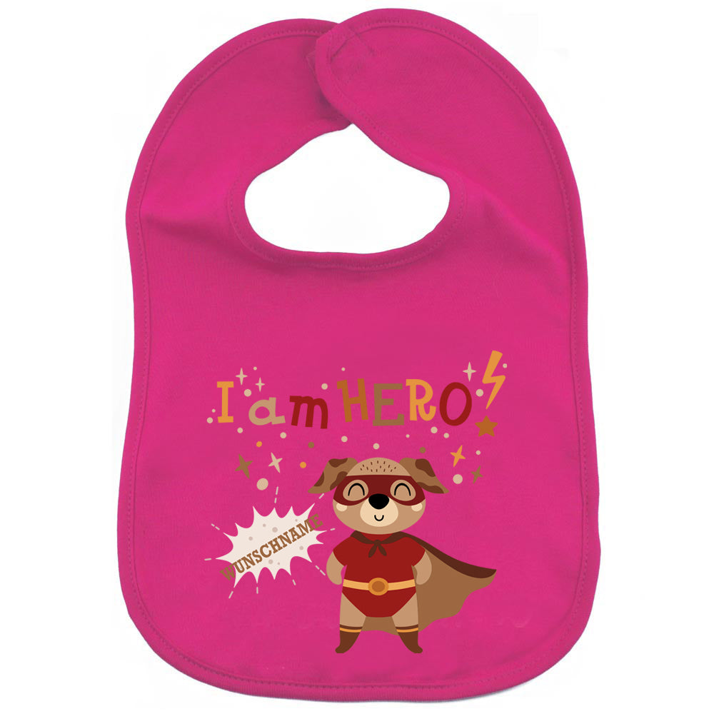 Personalisiertes Lätzchen aus 100% Baumwolle Babylätzchen doppellagiger weicher Stoff 38cm lang Motiv Hero Hund